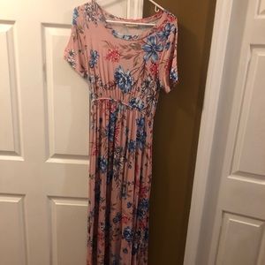 Blush maxi dress with blue and pink flowers